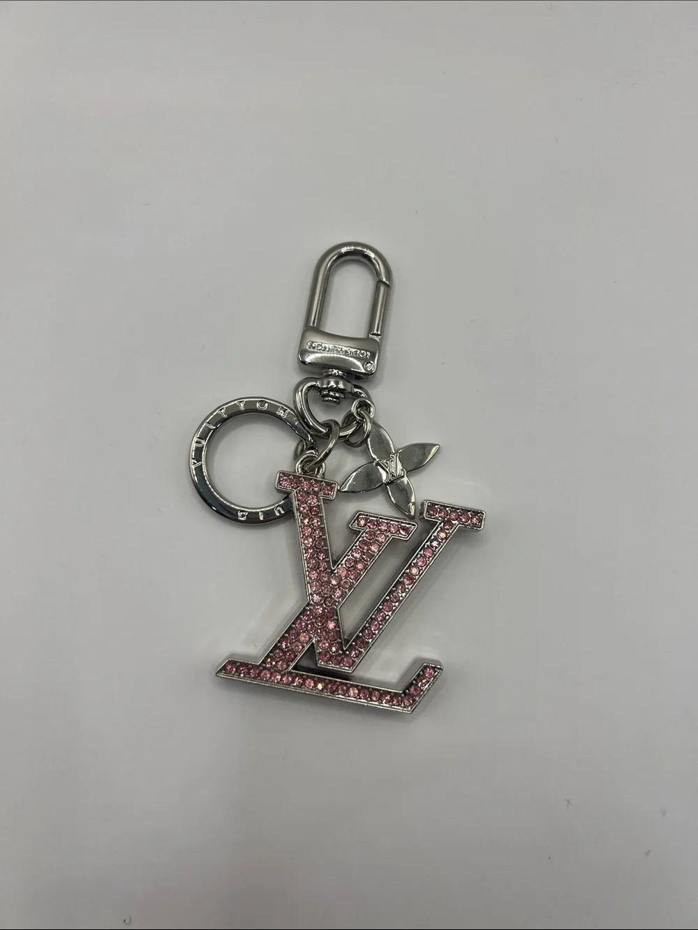 1416. Pink Crystal Key Chain or Bag Charm with Stamped Silver Hardware